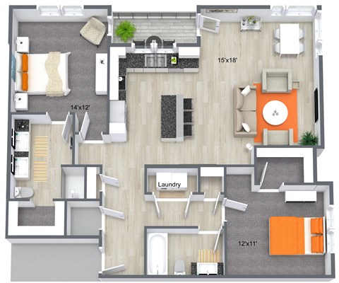 Floor plan for 2 beds, 2 baths, 1292 sqft